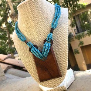 Triple Strand Faux Turquoise Bead Necklace & Wood Pendant